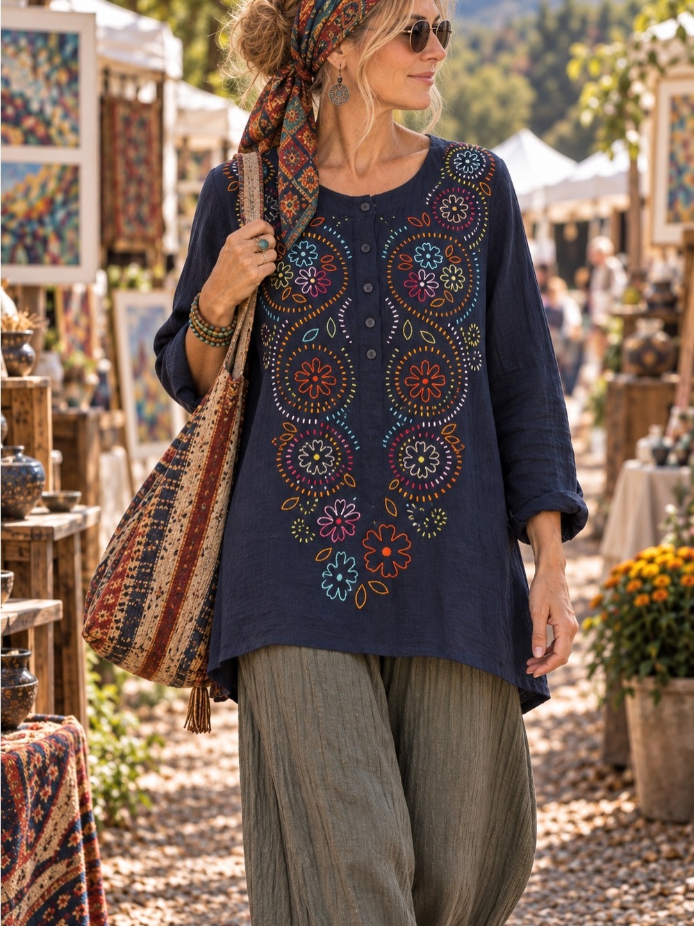 Gudrun Sjoden Embroidered Tunic Organic Cotton Top - Navy-Large-boho/artsy